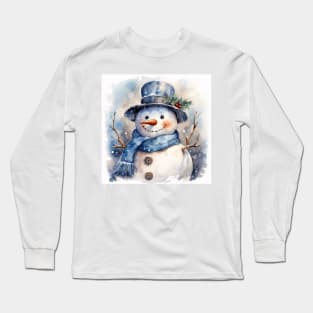 Happy Christmas Snowman Portrait with Holly Long Sleeve T-Shirt